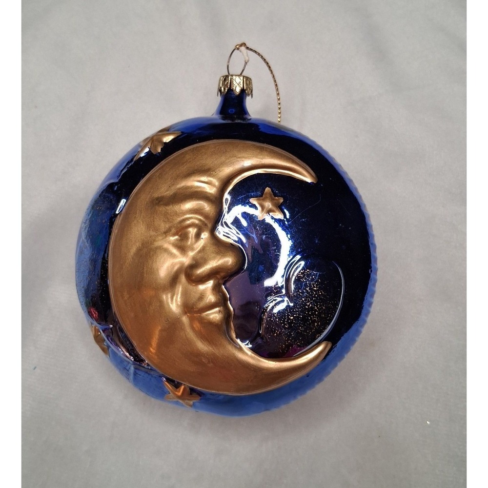 Vintage Germany Glass Moon Face Christmas Ornament 4" Cobalt Blue Gold Stars